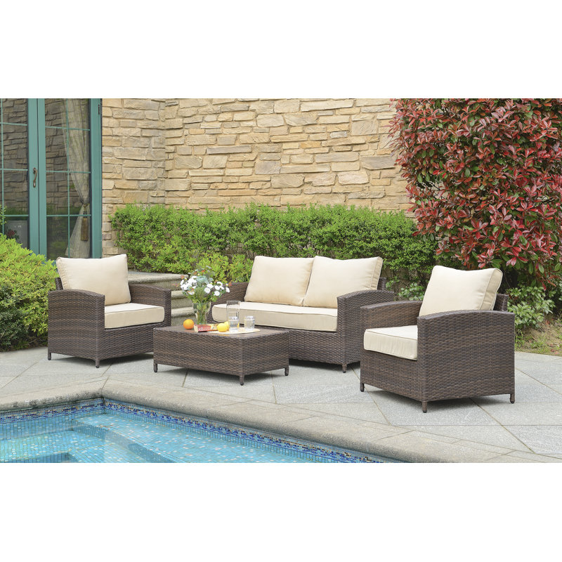 Gracie Oaks Buschwick 4 Piece Rattan Sofa Seating Group with Cushions